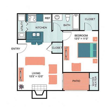 1 Bed 1 Bath Floor Plan at  Wildwood Apartments, CLEAR Property Management, Austin, Texas